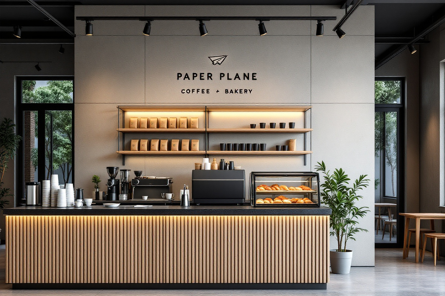 Paper Plane counter with branded shelves